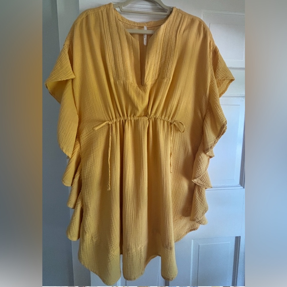 Anthropologie Gold Tunic Cover Up with Ruffled Sleeves and Tie Front